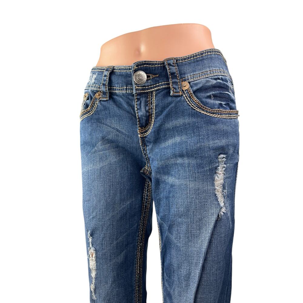 Seven7 Women's Blue Distressed Low Rise Ripped Bootcut Denim Jeans Pants Size 27 - Picture 2 of 10